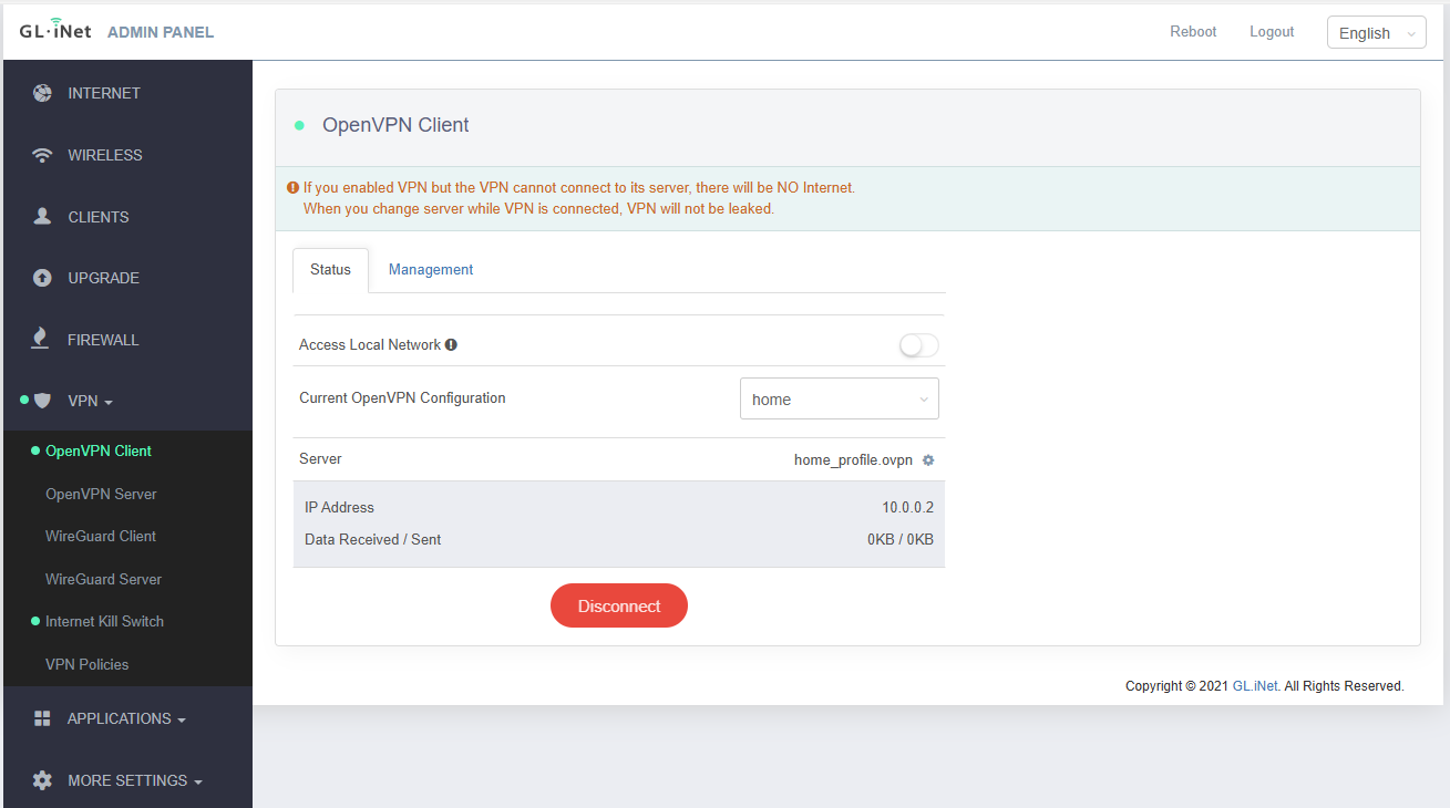 OpenVPN client menünüsü.